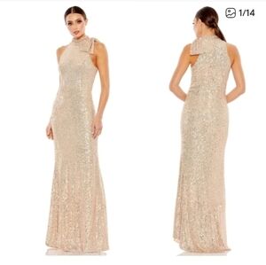 Sequined High-Neck Evening Gown in Champagne, Size 14 NWT